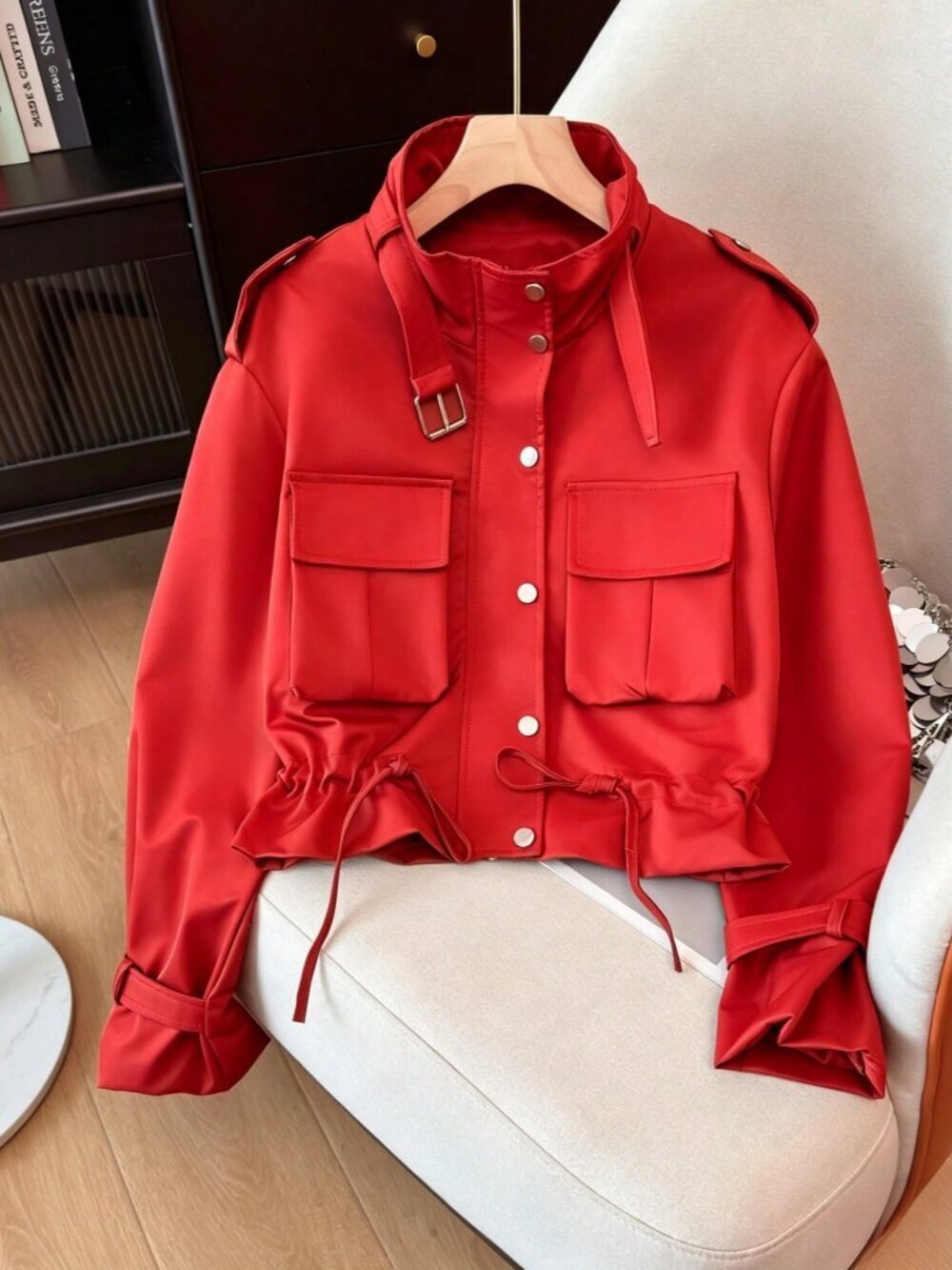 Red Casual Women's Funnel Neck Multi-Pocket Waist Drawstring Utility Jacket